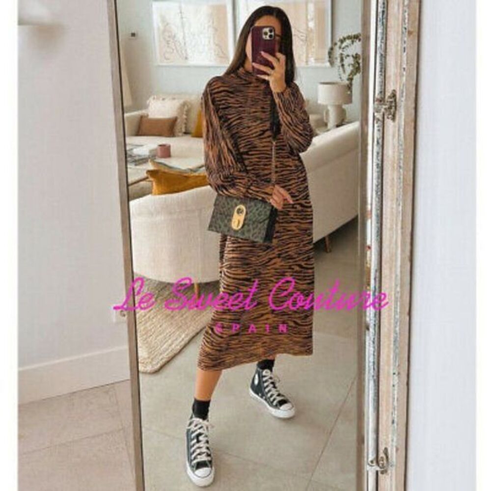 NEW ZARA JACQUARD KNIT DRESS HIGH COLLAR MIDI LONG SLEEVE ANIMAL PRINT SIZE‎ S